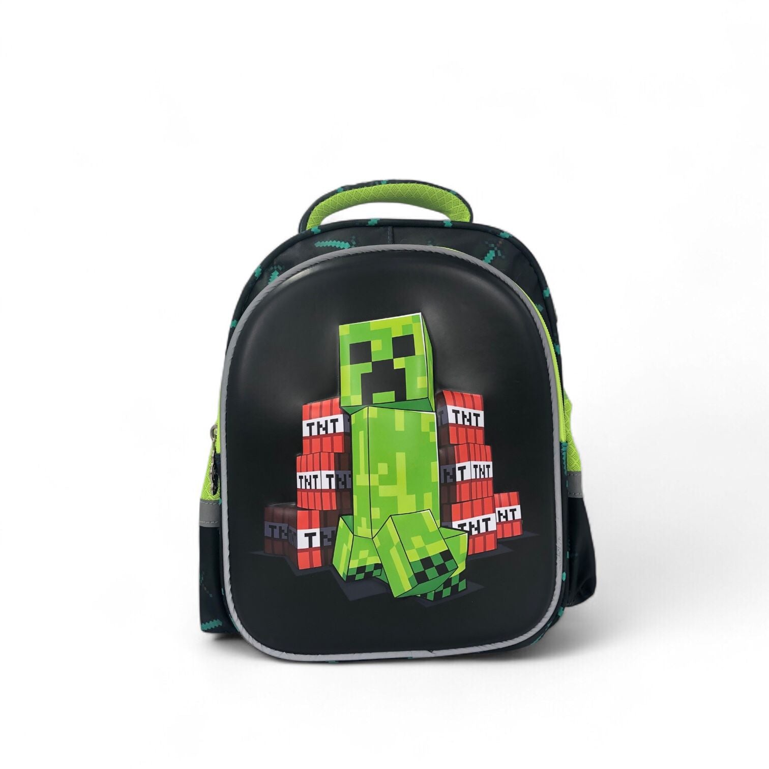 Kids school backpack in black with lime creeper and TNT Blocks front print